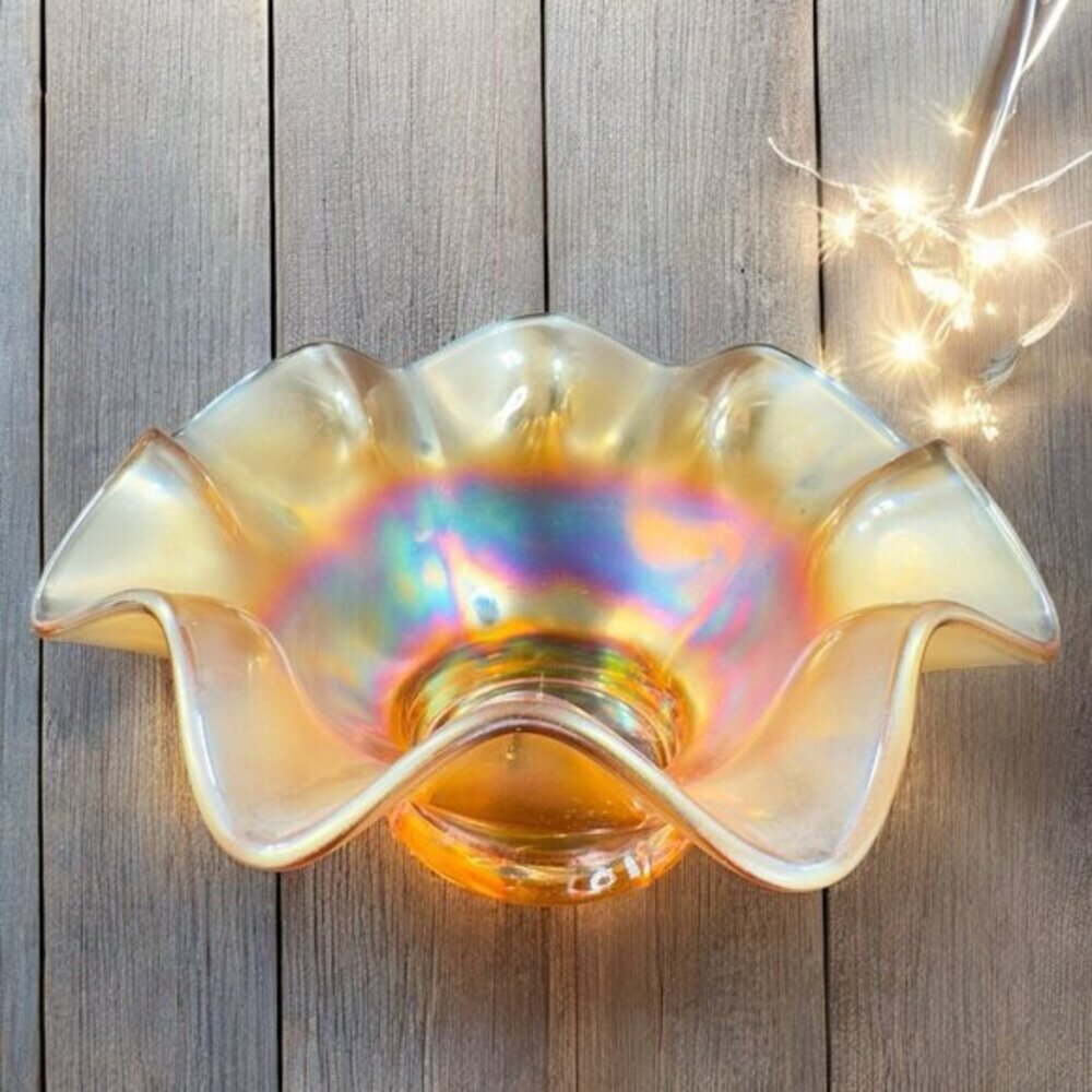 Carnival Glass Iridescent‎ Marigold Bonbon Compote Dish Footed Bowl Glass VTG